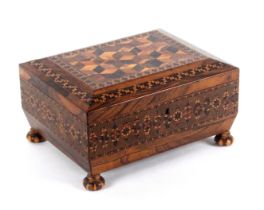 A good Tunbridge ware rosewood stick ware decorated sewing box, well fitted, circa 1840, of