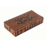 An unusual Tunbridge ware rectangular rosewood box, of shallow form, the hinged lid with a panel