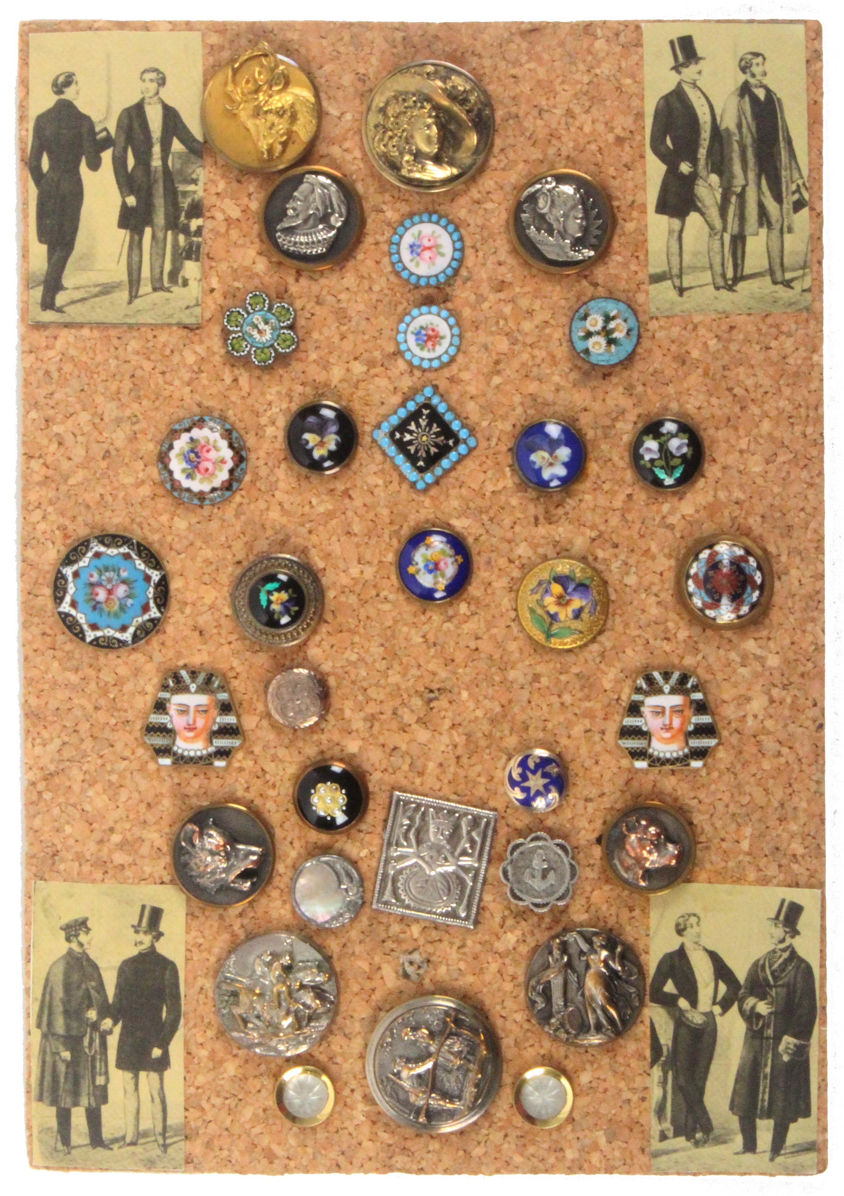 A display of thirty three 19th Century bachelor buttons, studs, solitaires, etc., various