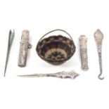 A mixed lot - sewing, comprising a silver needle case, 6cms, another of oval section with engraved