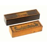 Two early Tunbridge ware white wood rectangular boxes, each with sliding lid, the larger with a