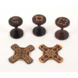 Tunbridge ware - sewing, five pieces, comprising two cross form thread winders in mosaic, each 5.