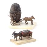 Two French thimble carts, both on rectangular alabaster bases, one in the form of a 'wicker' cart