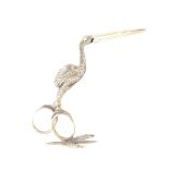 A pair of silver stork form ribbon scissors, one loop mounted on a bird's foot base, London, 1880 by