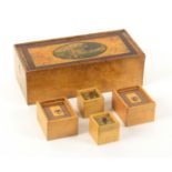 An early Tunbridge ware white wood print and paint decorated box and two pairs of smaller boxes, the