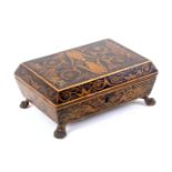 A fine late 18th Century pen work netting box of small sarcophagol form, raised on brass paw feet,