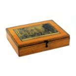 A small format white wood and print decorated paint box, of rectangular form, circa 1840, with ink