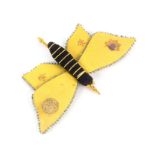 A Regency yellow and black silk pin card in the form of a butterfly, the body incorporating a gilt