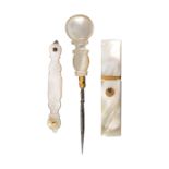 A Palais Royal needle case and two other pieces, the mother of pearl needle case of rectangular form