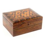 A rosewood Tunbridge ware sewing box of rectangular form, the cushion form lid with a cube work