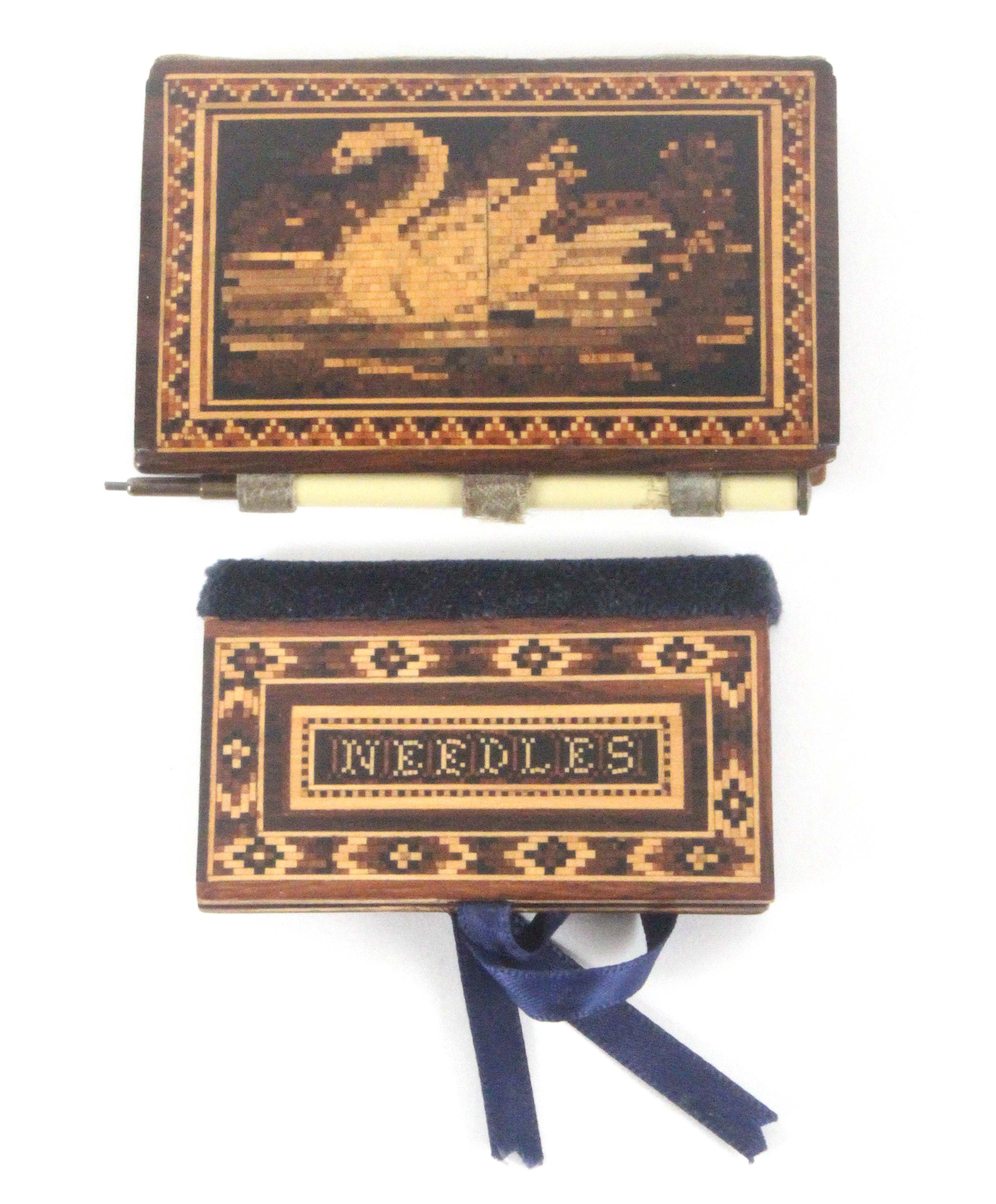 Two Tunbridge ware needle books, comprising a large example, one cover with a mosaic panel of a