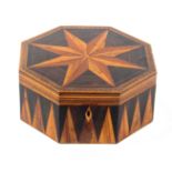 An early Tunbridge ware sewing box, of octagonal form, the hinged lid inlaid with a bold star