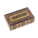 A Tunbridge ware rectangular stamp box, the lid with a mosaic panel 'Stamps' (last s reversed),