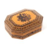 An attractive Tunbridge ware card box, of elongated octagonal form, the hinged lid inset with a
