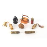 Three thimble cases and five thimble compendiums, comprising a copper and brass thimble case in