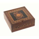 A Tunbridge ware rosewood box, of square form, the pin hinge lid with a mosaic cartouche enclosing a