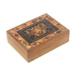 A late Tunbridge ware rectangular card box, probably Royal Tunbridge Wells ware, the hinged lid with