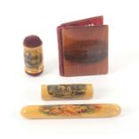 Mauchline ware - four pieces, comprising a cylinder needle case (colour seashells and seaweed), 9.