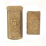 Two gilt brass Avery needle packet cases, comprising 'The Quadruple Golden Casket' - fleur de lis,