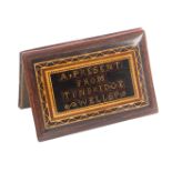 A needle book, Royal Tunbridge Wells Ware, rosewood rectangular boards one titled in mosaic 'A