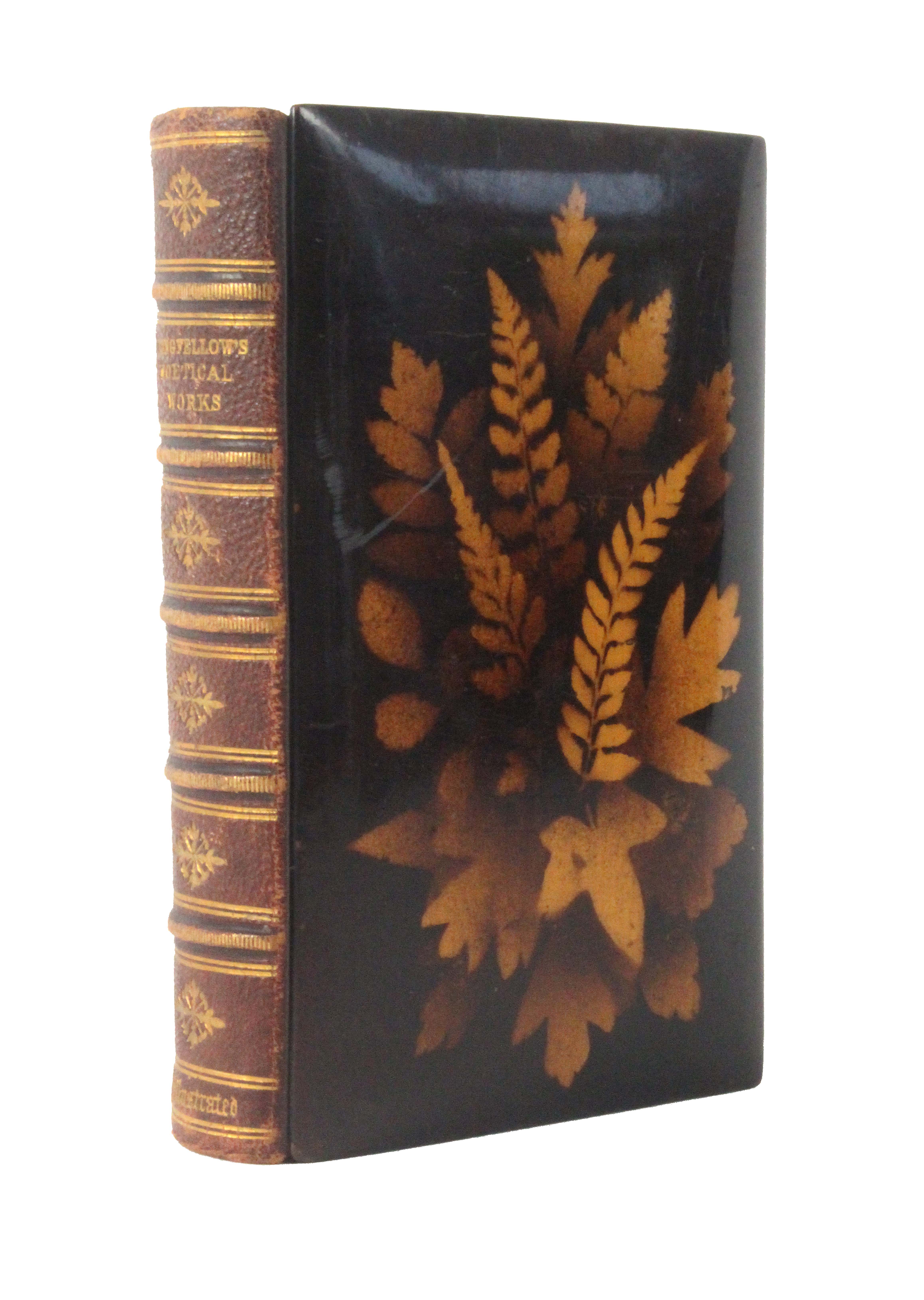 Fern ware - book, Longfellows Poetical Works, 1871, tooled leather spine, silhouette fern ware