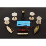A mixed lot - sewing, comprising an agate handle tambour or crochet hook, 11.5cms, four various
