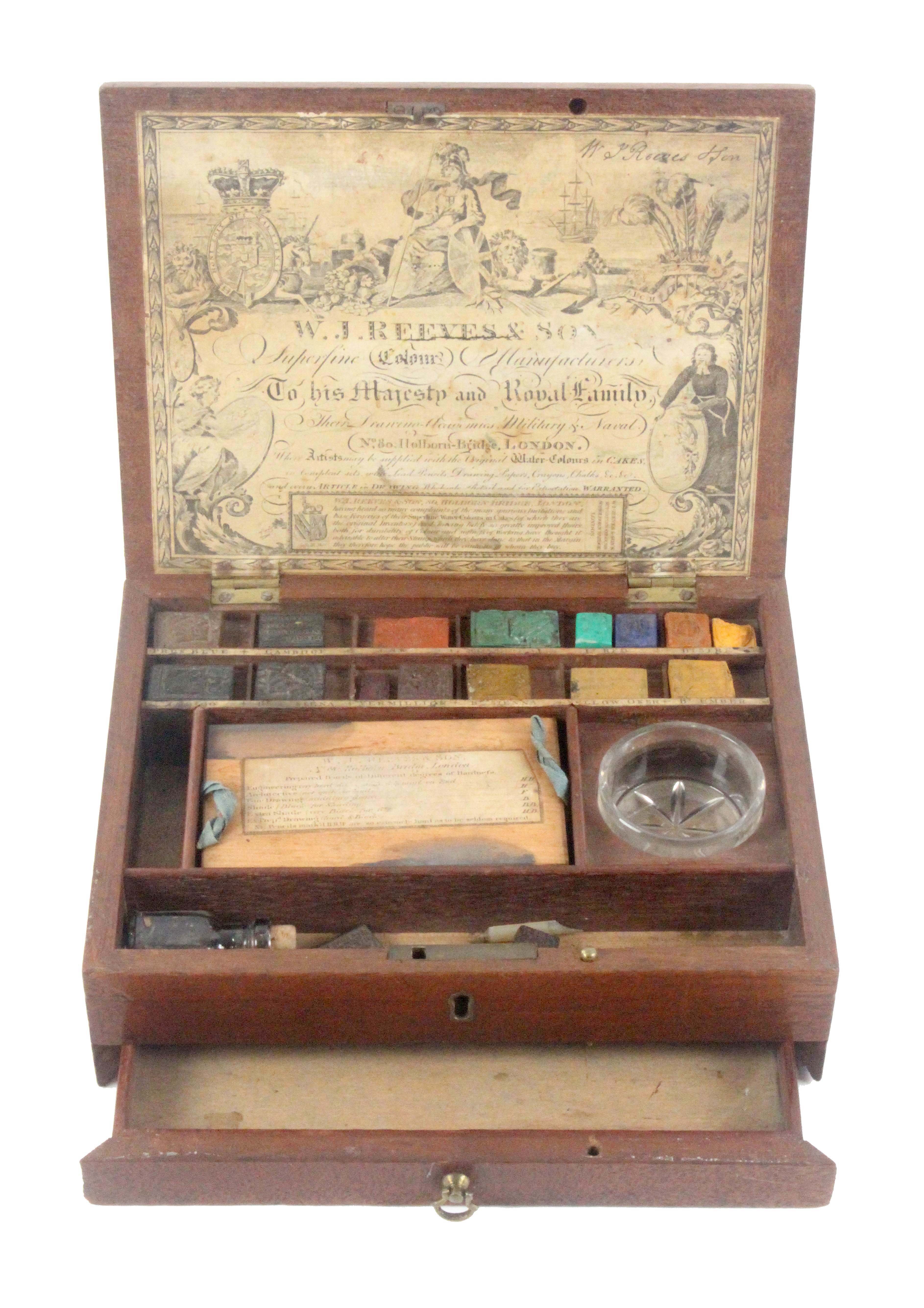 An early 19th Century mahogany paint box, of rectangular form for W.J. Reeves and Son, the lid edged