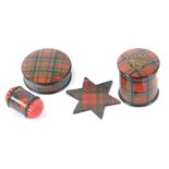 Tartan ware - four pieces, comprising a reel cylinder (Stuart), the domed lid with 'Clark and Co's