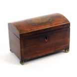 An early Tunbridge ware print decorated small tea caddy by George Wise, veneered in rosewood and