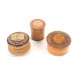 Three early Tunbridge ware white wood, label and print decorated cylinder boxes, the first with