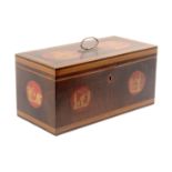 A rare early Tunbridge ware print medallion decorated tea caddy in hare wood, of rectangular form,