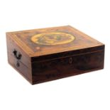 A rare Tunbridge ware burr yew wood, inlaid and print decorated writing box incorporating a drawer