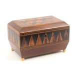 An early rosewood Tunbridge ware tea caddy, of sarcophagol form, the sides with borders of Van Dykes