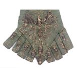 A 17th Century English stomacher, circa 1680, in green silk finely embroidered in silver and gold