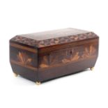 A rosewood Tunbridge ware tea caddy, of sarcophagol form the sides with unusual demi-rosettes of