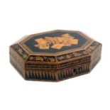 An early Tunbridge ware white wood and penwork games box of octagonal form by Gibson, the sides with