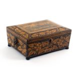 An early Tunbridge ware white wood print and penwork decorated box, of sarcophagol form raised on