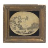 A late 18th Century 'hair' embroidered oval silk picture, of a lady and gentleman under a parasol, a