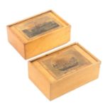 Two early Tunbridge ware white wood print decorated boxes, both of rectangular form with sliding