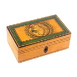 An early Tunbridge ware white wood, print and paint decorated box, of rectangular form, line painted