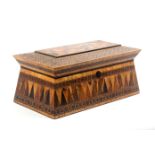 A Tunbridge ware burr ash tea caddy, the sloping sides inlaid with Van Dykes between borders of