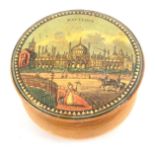 An early Tunbridge ware white wood and print decorated circular box, of bulbous form, the domed