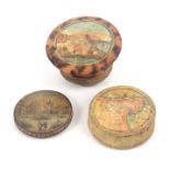 Three early Tunbridge ware white wood and card, print and paint decorated pin cushions, comprising a