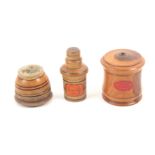 Three early Tunbridge ware turned and decorated boxes, comprising a yew wood cylinder reel box