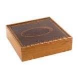An early Tunbridge ware white wood box, of square form, the sliding mahogany veneered lid with