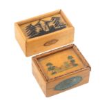 Two early Tunbridge ware white wood paint decorated small rectangular boxes with labels, each of