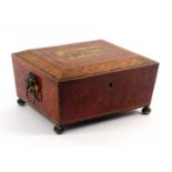 A fine early Tunbridge ware print and pen decorated burr yew wood sewing box by George Wise, of