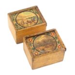 Two early Tunbridge ware white wood print and paint decorated small rectangular box, each with