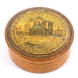 An early Tunbridge ware white wood print and paint decorated circular box, the slightly domed lid