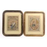 A pair of late 18th Century silk needlework pictures on paper, one with oval of a male figure half